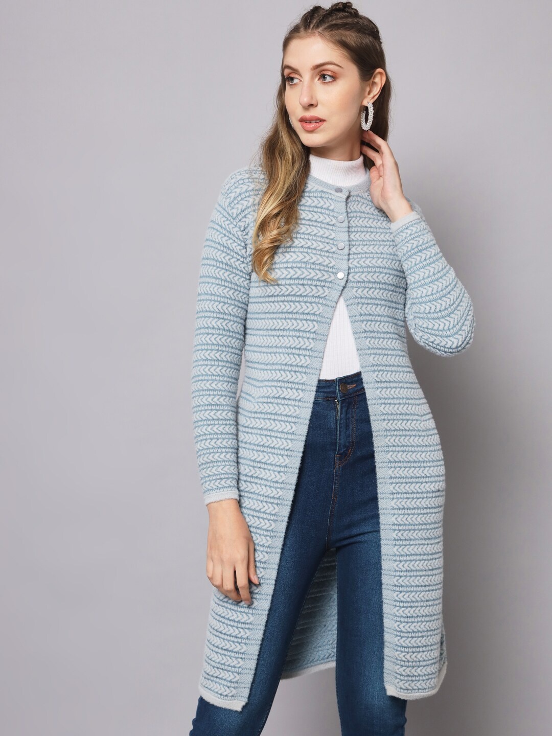 

BROOWL Round Neck Striped Longline Wool Cardigan, Turquoise blue