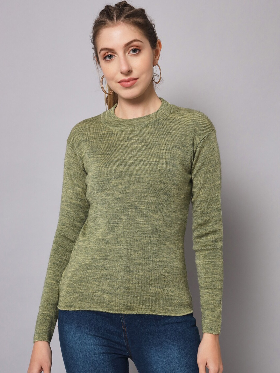 

BROOWL Women Green & Grey Wool Printed Pullover