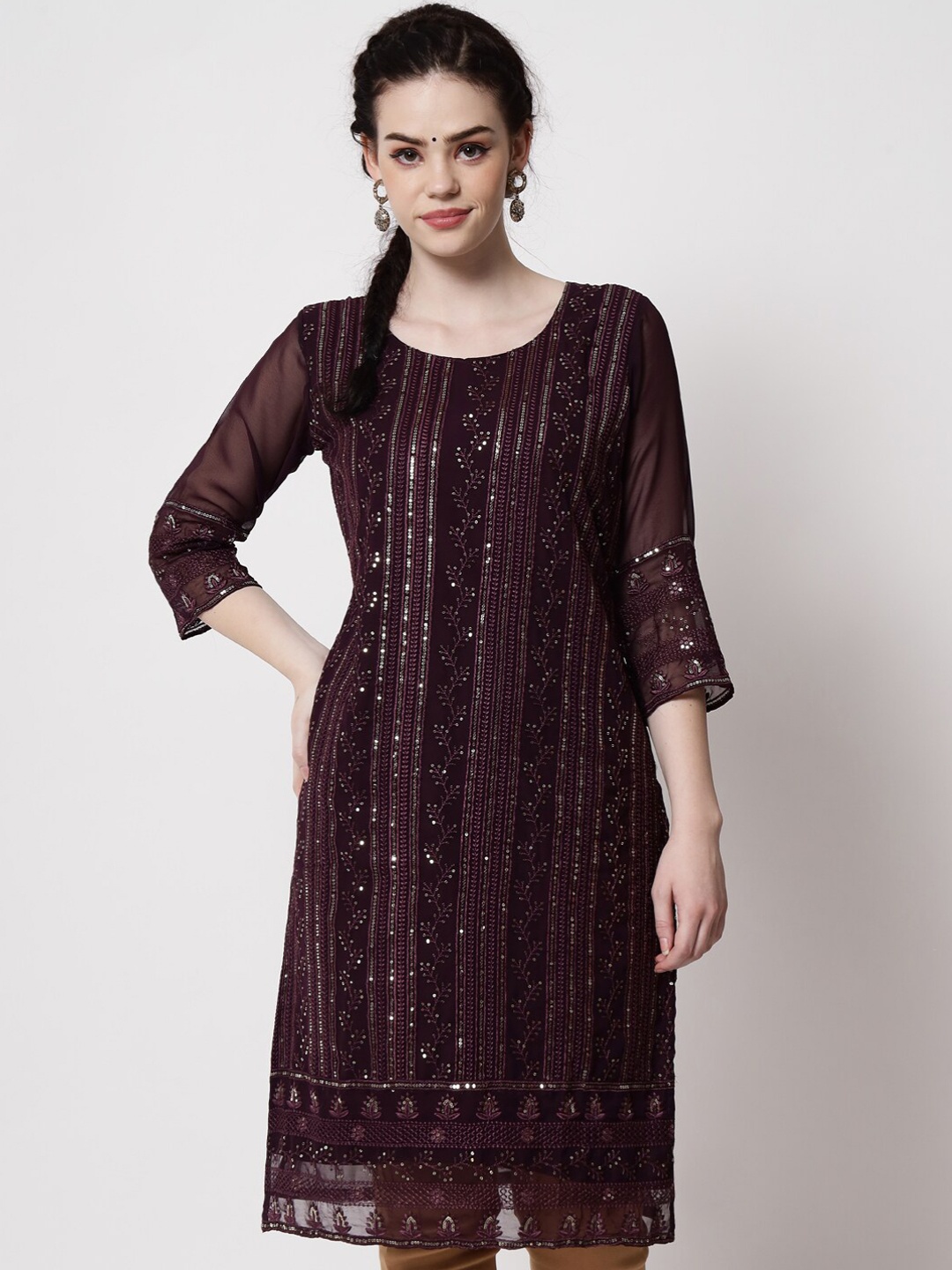 

VAIRAGEE Ethnic Motifs Embroidered Georgette Kurta, Burgundy