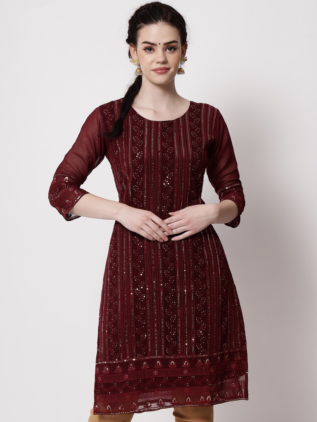 

VAIRAGEE Ethnic Motifs Embellished Georgette Kurta, Maroon