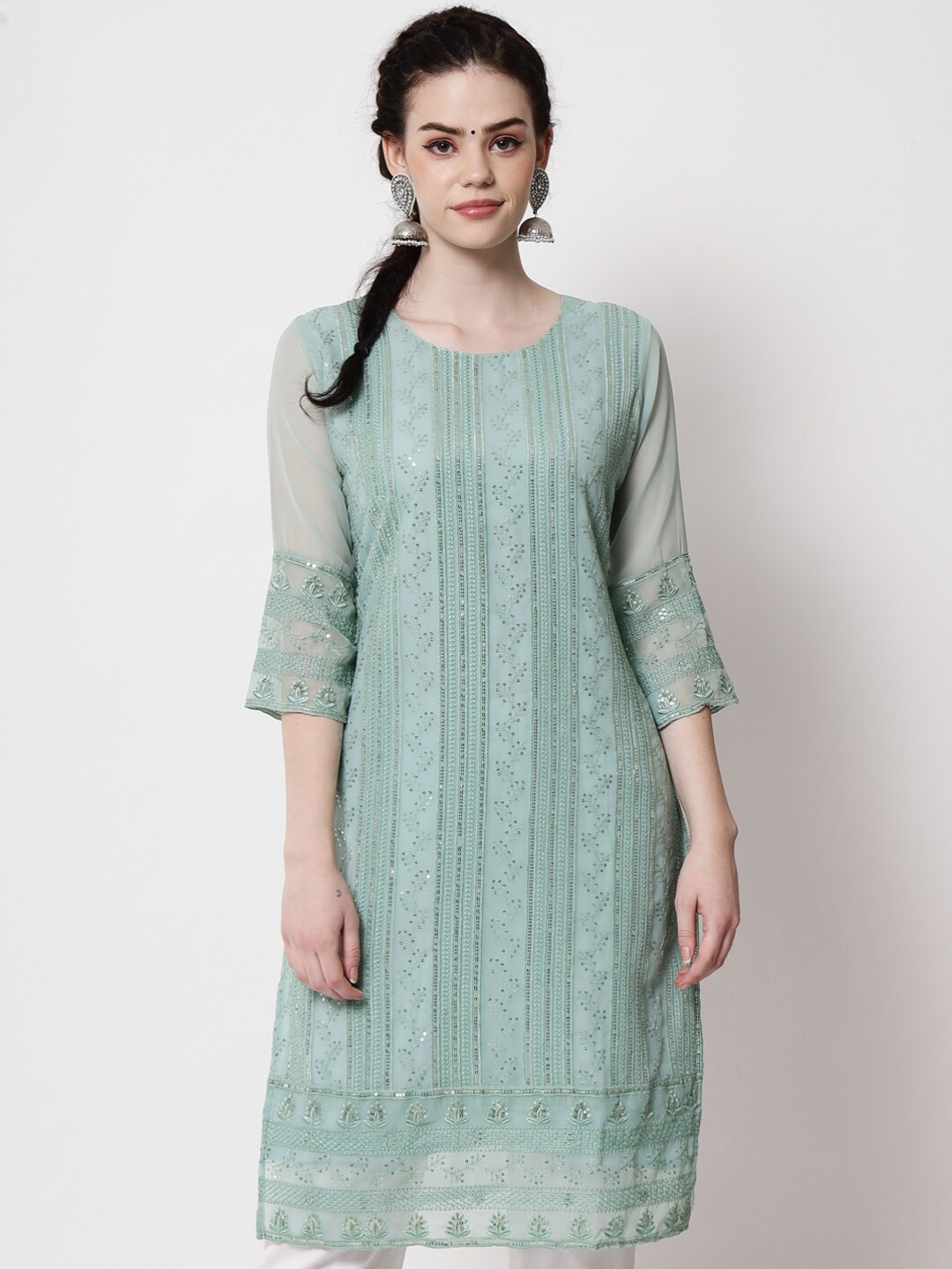 

VAIRAGEE Ethnic Motifs Embroidered Sequins Georgette Kurta, Turquoise blue