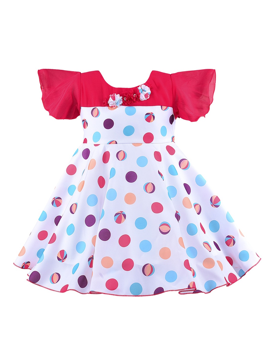 

Wish Karo Girls Polka Dots Printed Fit And Flare Silk Dress, White
