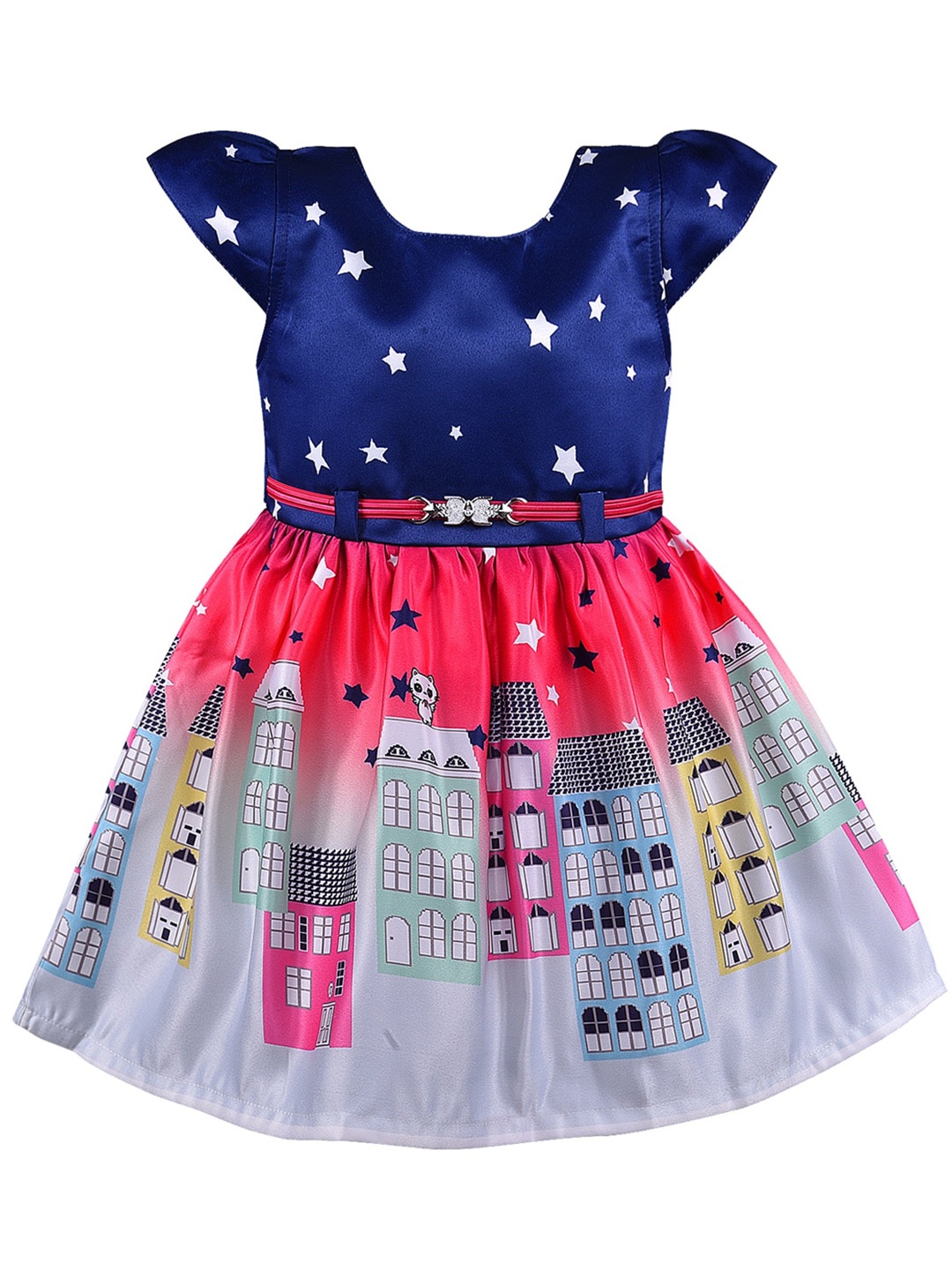 

Wish Karo Girls Graphic Printed Fit And Flare Dress, Navy blue