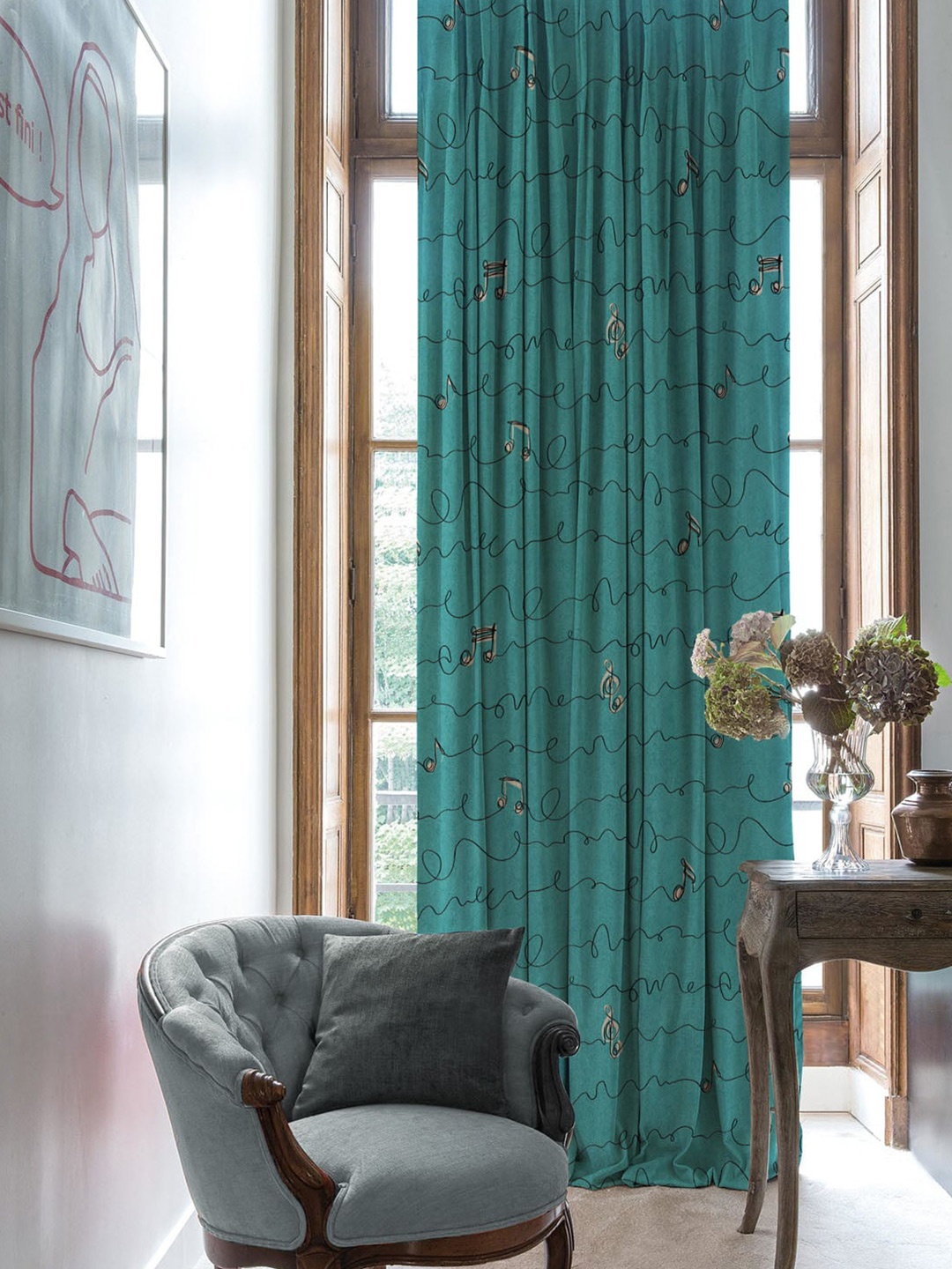 

SPACES Elegent Turquoise Blue & Black Set of 2 Room Darkening Long Door Curtain