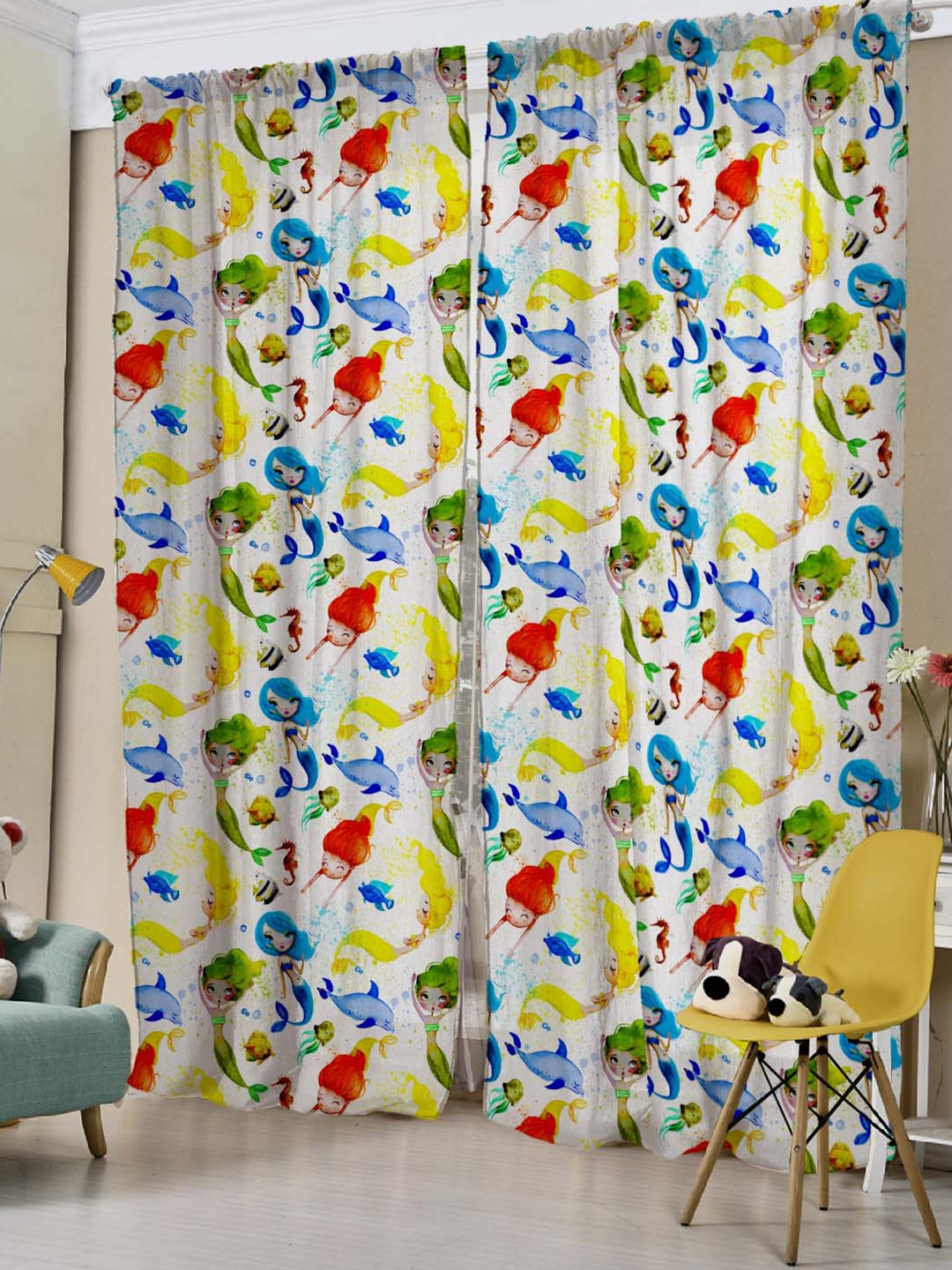 

SPACES Elegent White & Blue Set of 2 Room Darkening Door Curtain