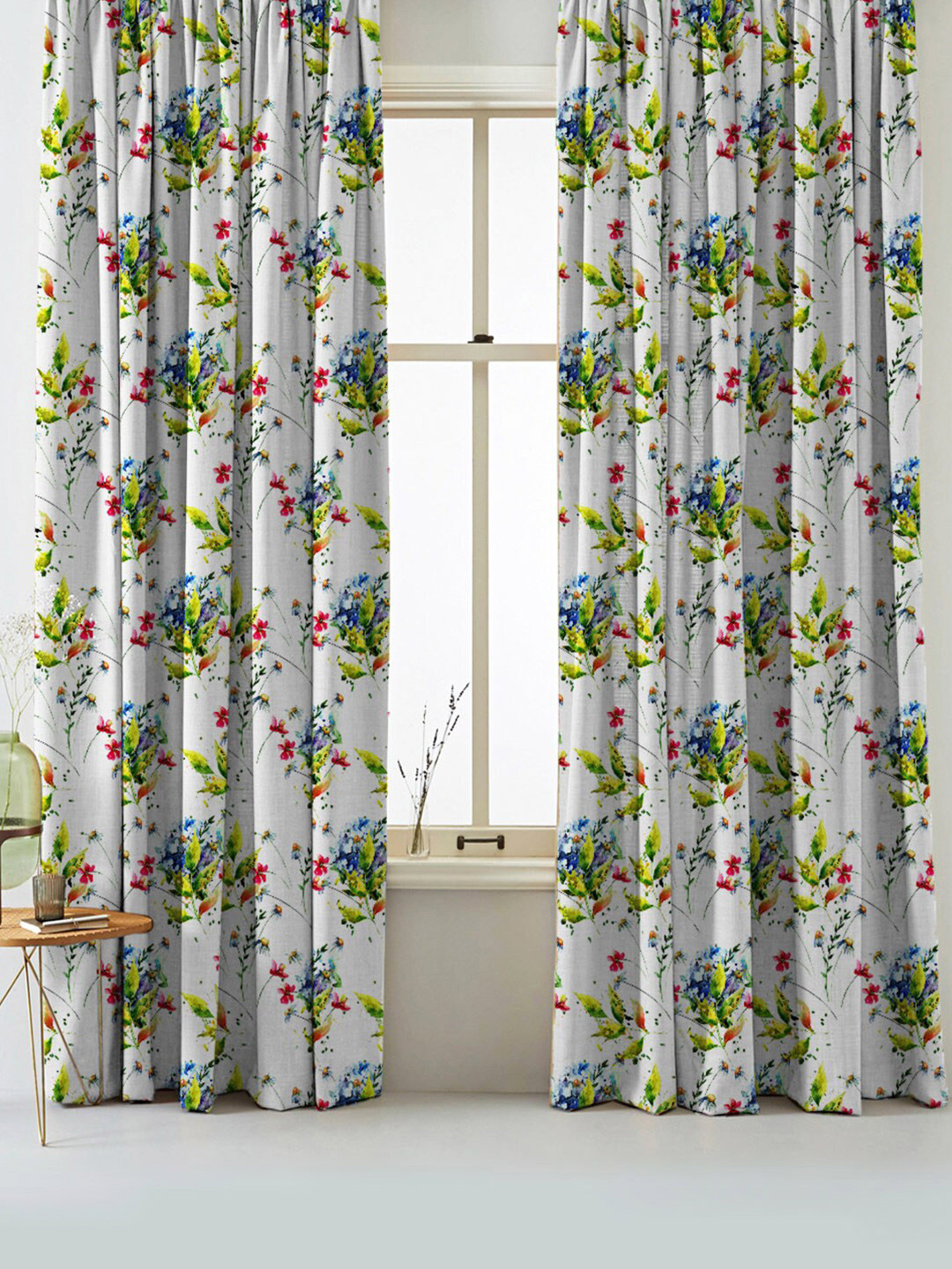 

SPACES Elegent Cream-Coloured & Green Set of 2 Floral Room Darkening Door Curtain