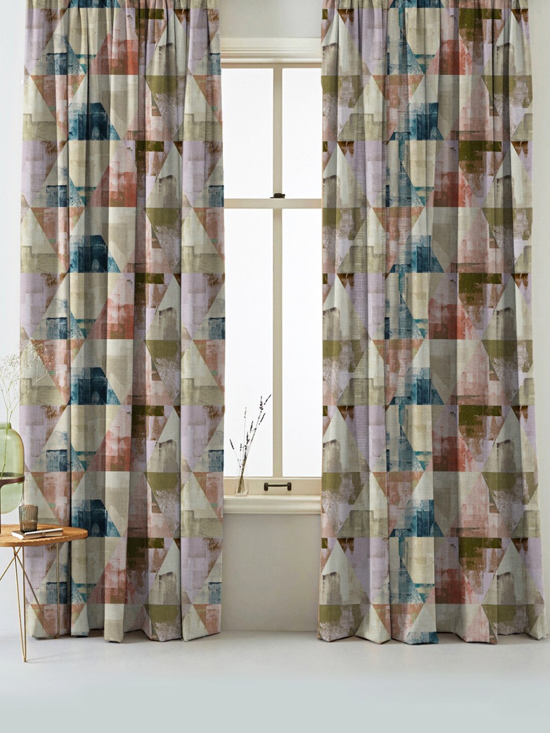 

SPACES Elegent Cream-Coloured & Orange Set of 2 Geometric Room Darkening Window Curtain