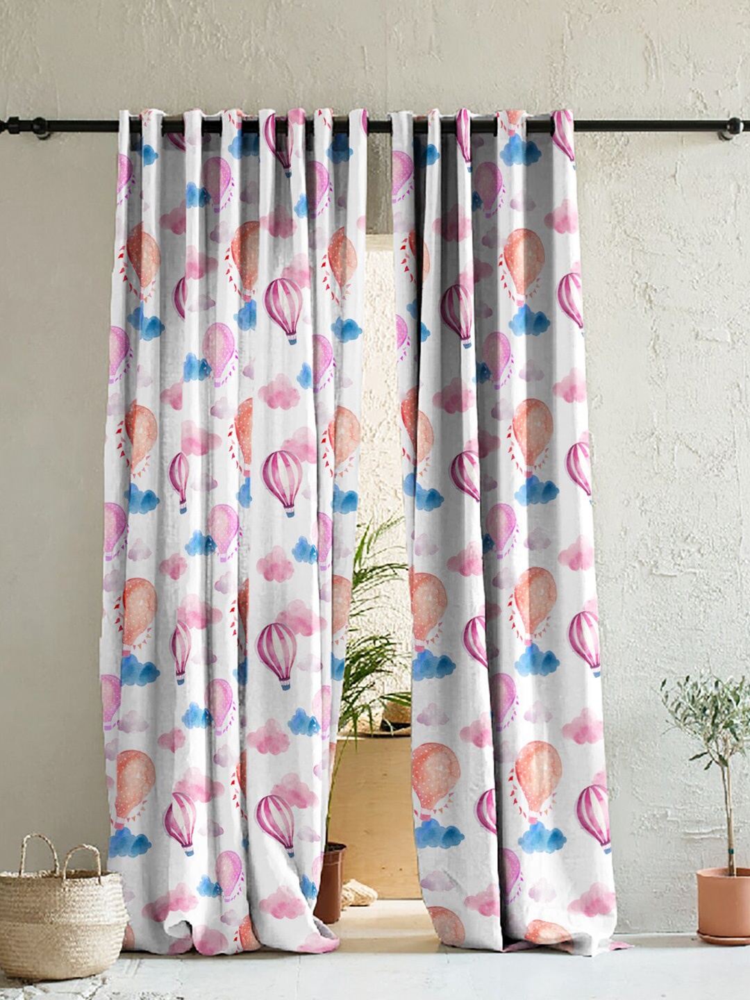 

SPACES Elegent Cream-Coloured & Pink Set of 2 Room Darkening Window Curtain