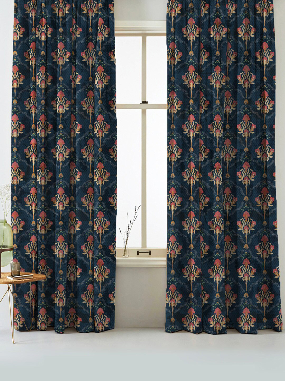 

SPACES Elegent Navy Blue & Pink Set of 2 Ethnic Motifs Room Darkening Long Door Curtain