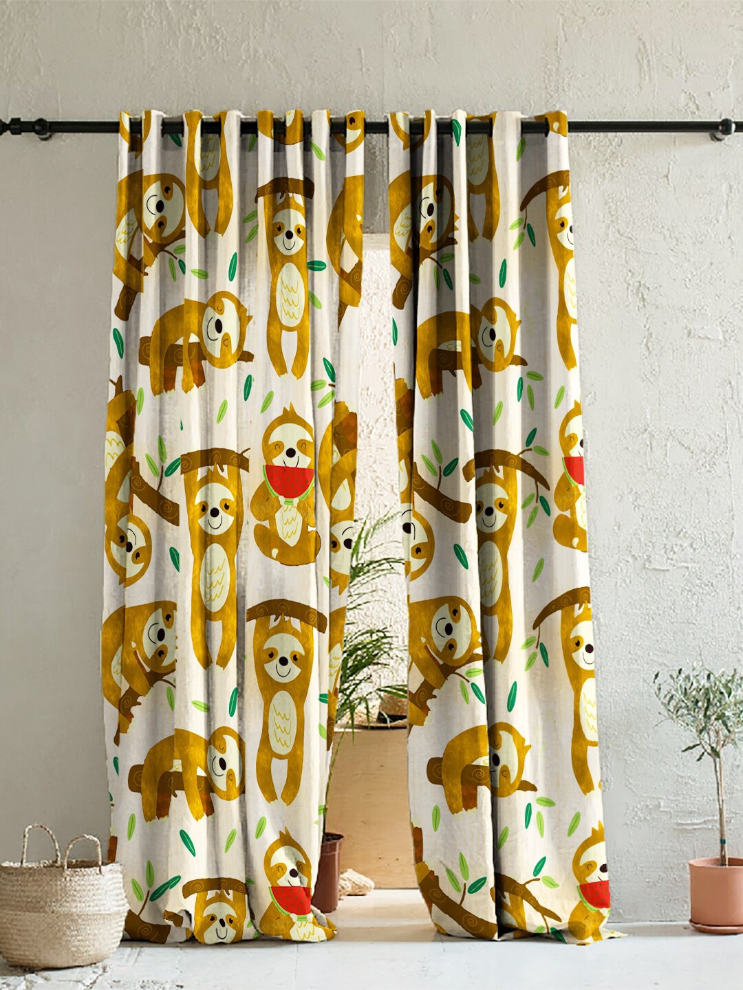 

SPACES Elegent White & Brown Set of 2 Room Darkening Long Door Curtain