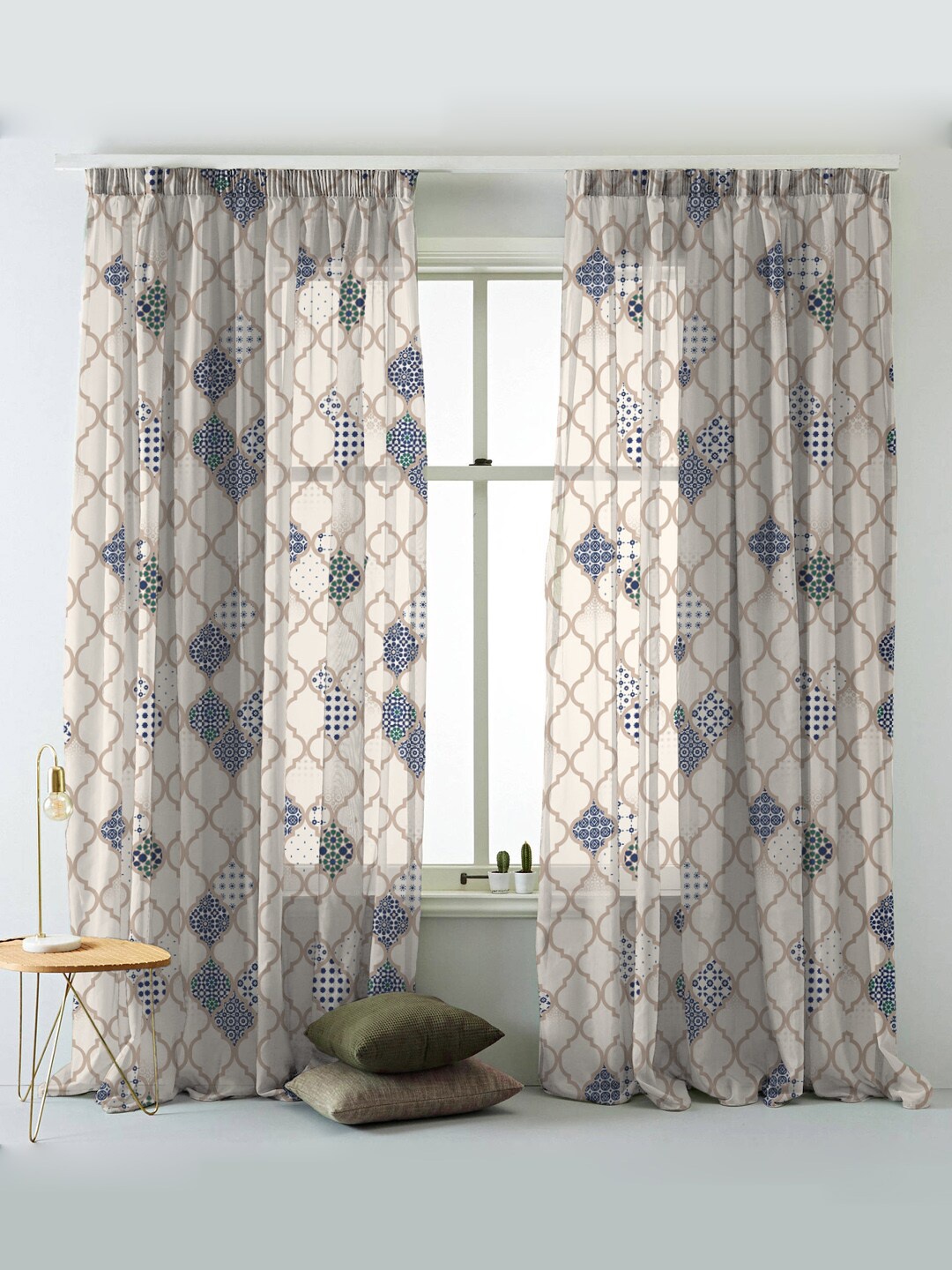 

SPACES Elegent Cream-Coloured & Blue Set of 2 Geometric Room Darkening Door Curtain