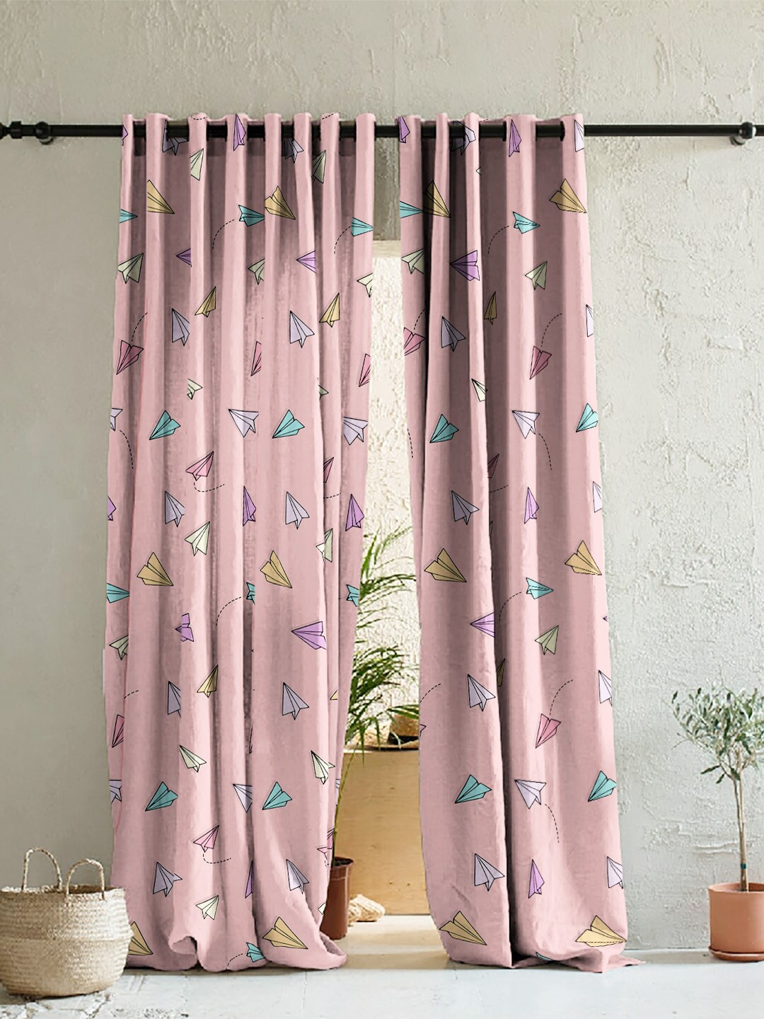 

SPACES Elegent Pink & Blue Set of 2 Room Darkening Long Door Curtain