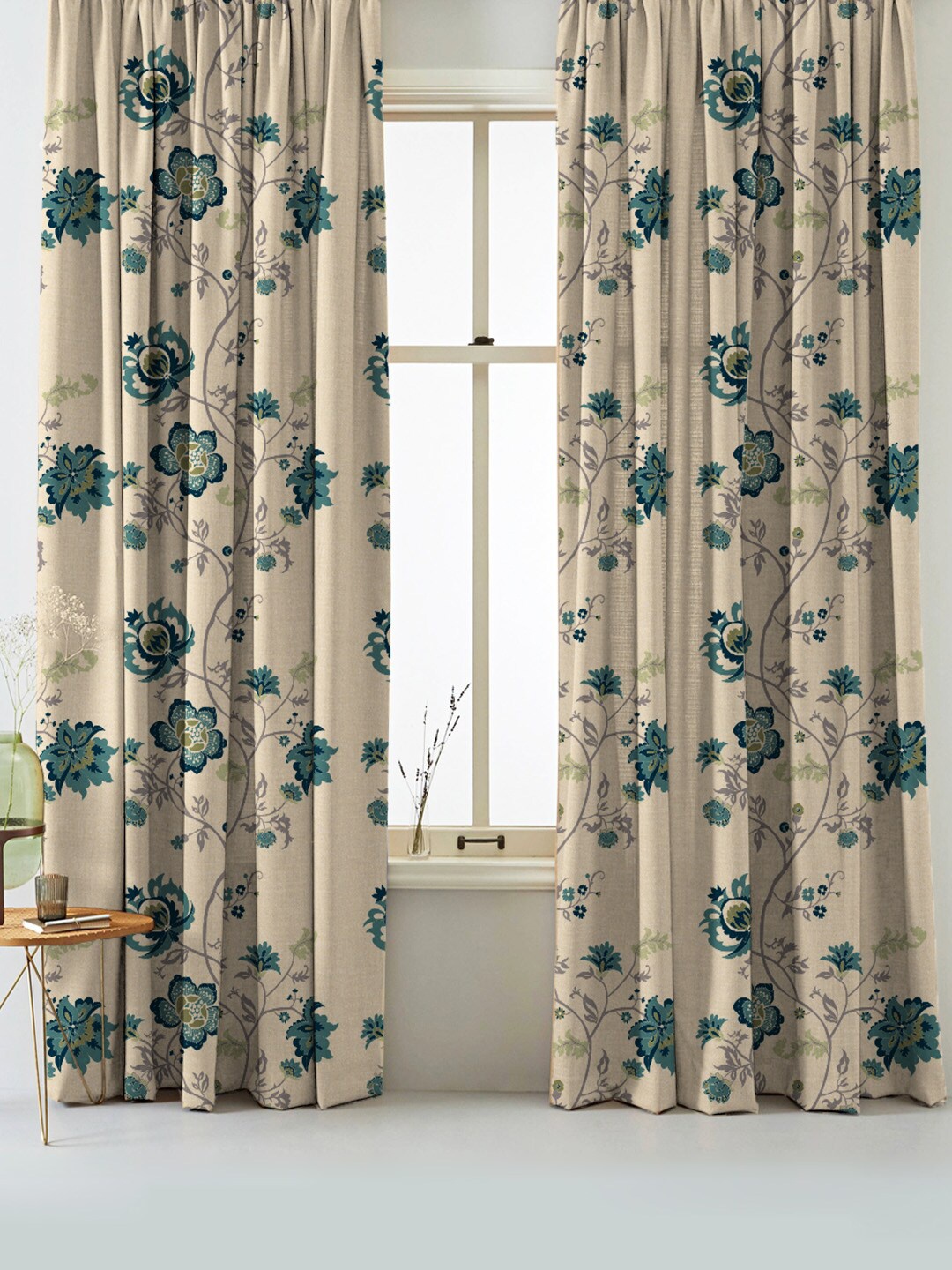 

SPACES Elegent Beige & Teal Set of 2 Floral Room Darkening Window Curtain