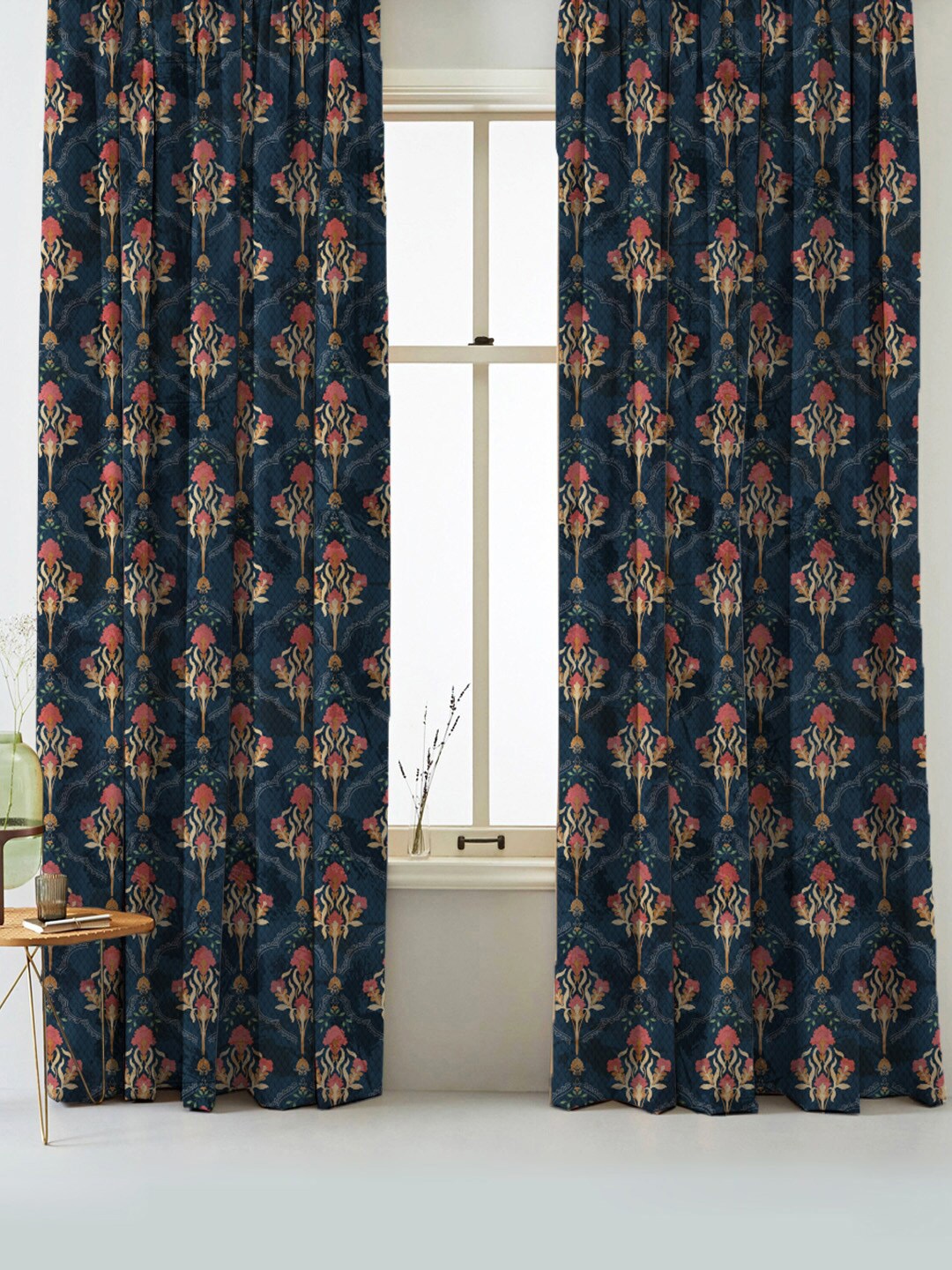 

SPACES Elegent Navy Blue & Pink Set of 2 Floral Room Darkening Window Curtain