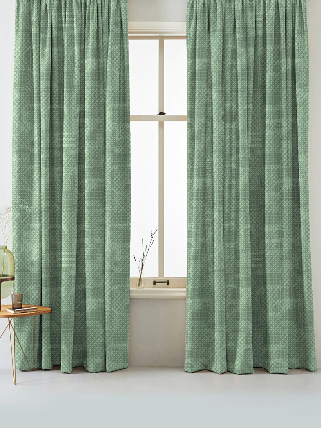 

SPACES Elegent Green & Grey Set of 2 Ethnic Motifs Room Darkening Window Curtain