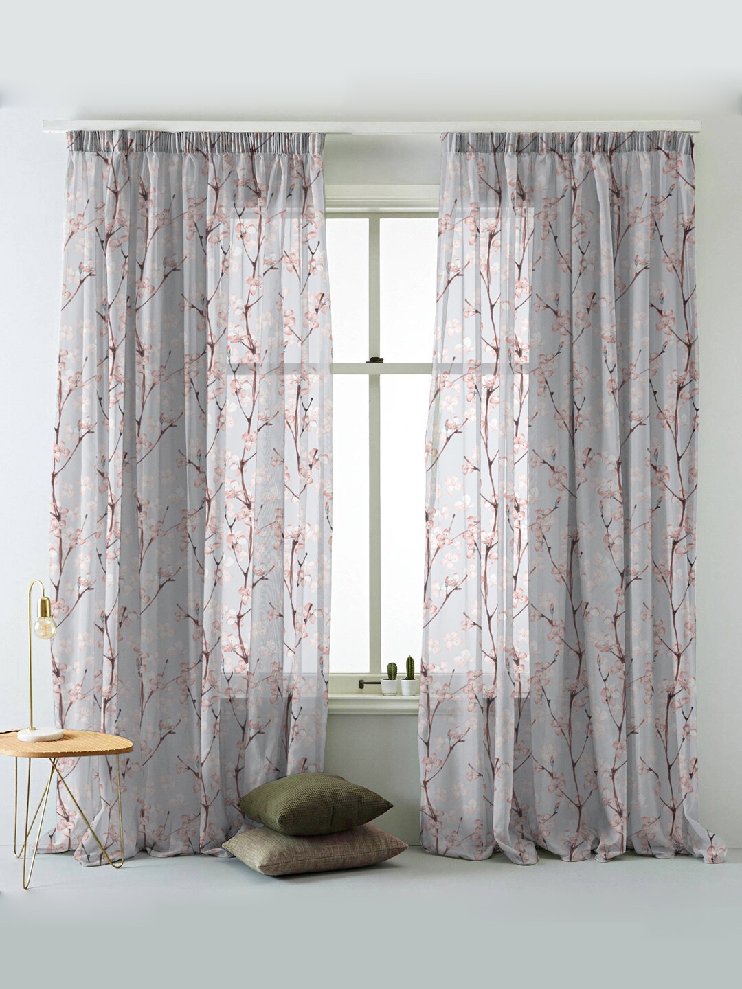 SPACES Elegent Grey & Pink Set of 2 Floral Sheer Door Curtain