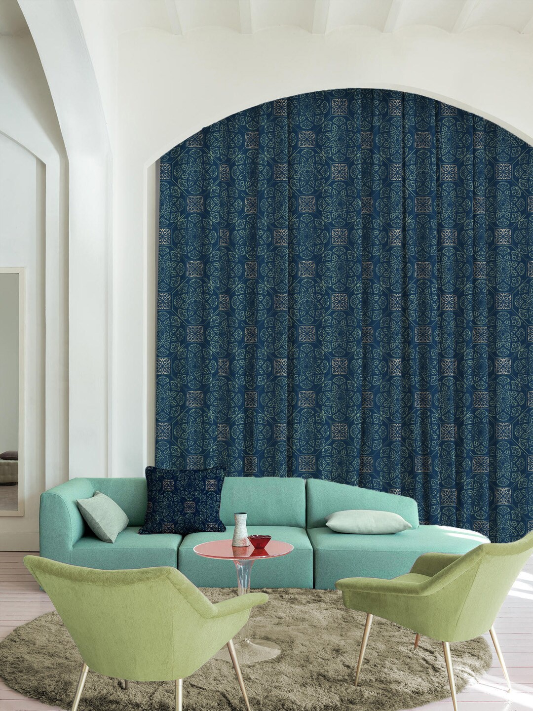 

SPACES Elegent Teal & White Set of 2 Ethnic Motifs Room Darkening Window Curtain