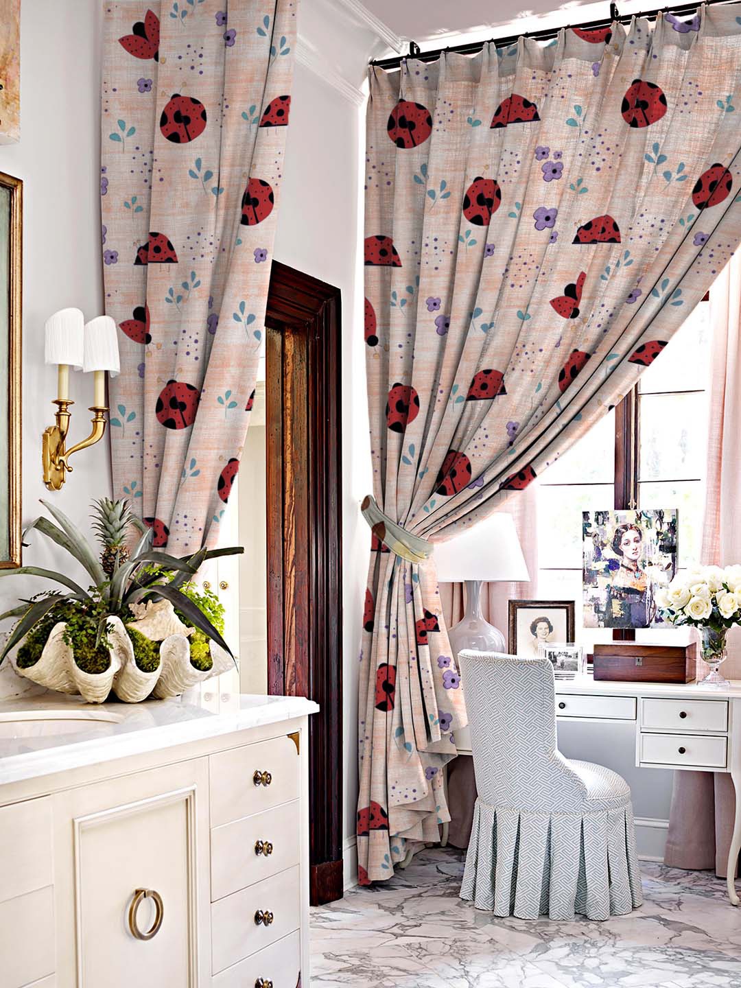 

SPACES Peach & Red Set of 2 Conversational Room Darkening Long Door Curtain
