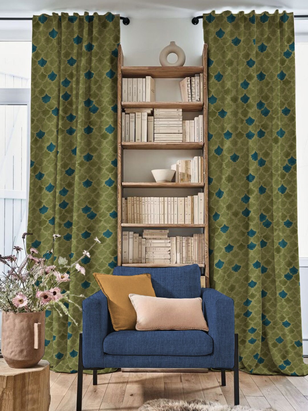 

SPACES Green & Blue Set of 2 Geometric Room Darkening Window Curtain