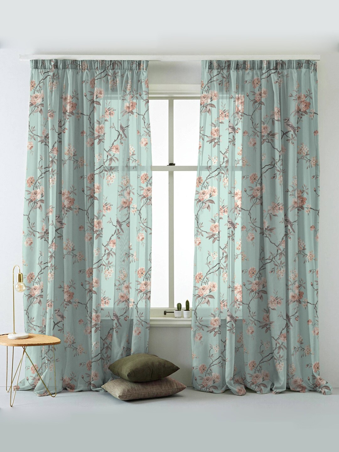 

SPACES Sea Green & Peach-Coloured Set of 2 Floral Sheer Window Curtain