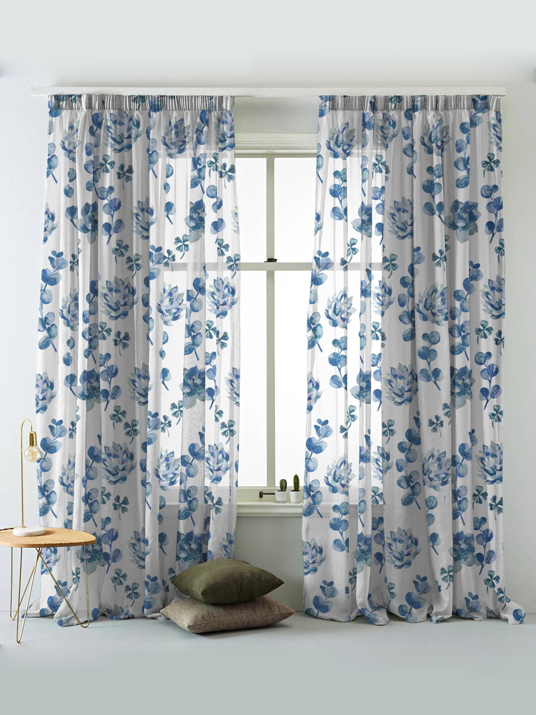 

SPACES White & Blue Set of 2 Floral Semi-Trasparent Window Curtain