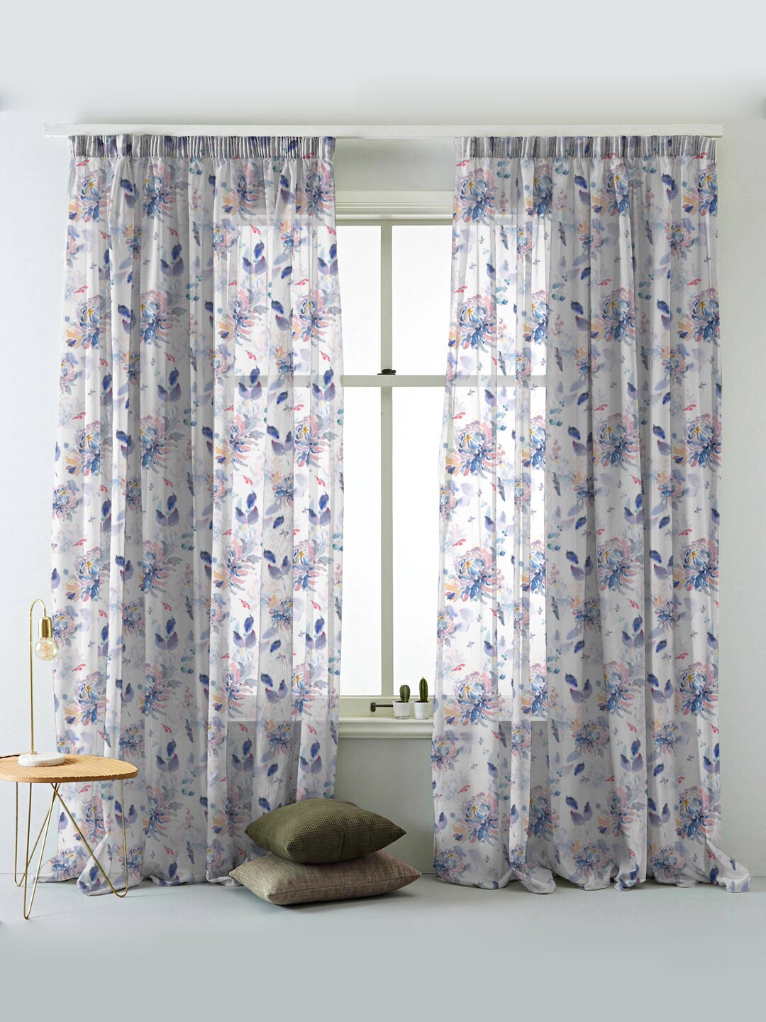 

SPACES White & Blue Set of 2 Floral Sheer Window Curtain