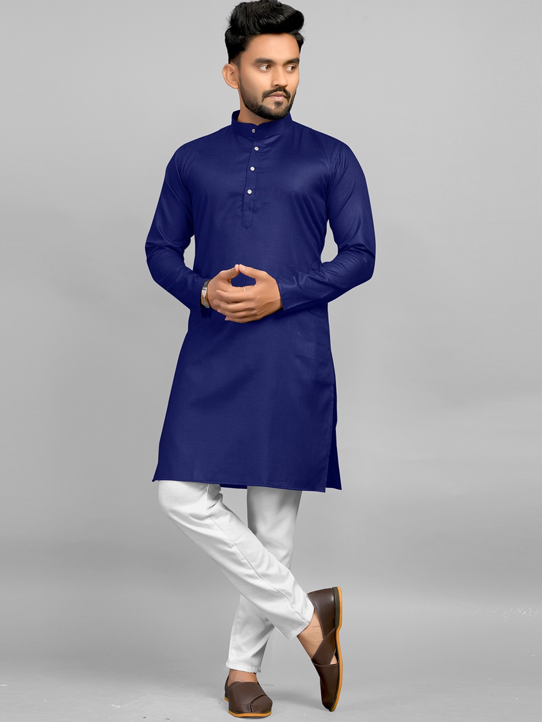 

Fashion FRICKS Men Cotton Long Sleeves Straight Kurta, Navy blue