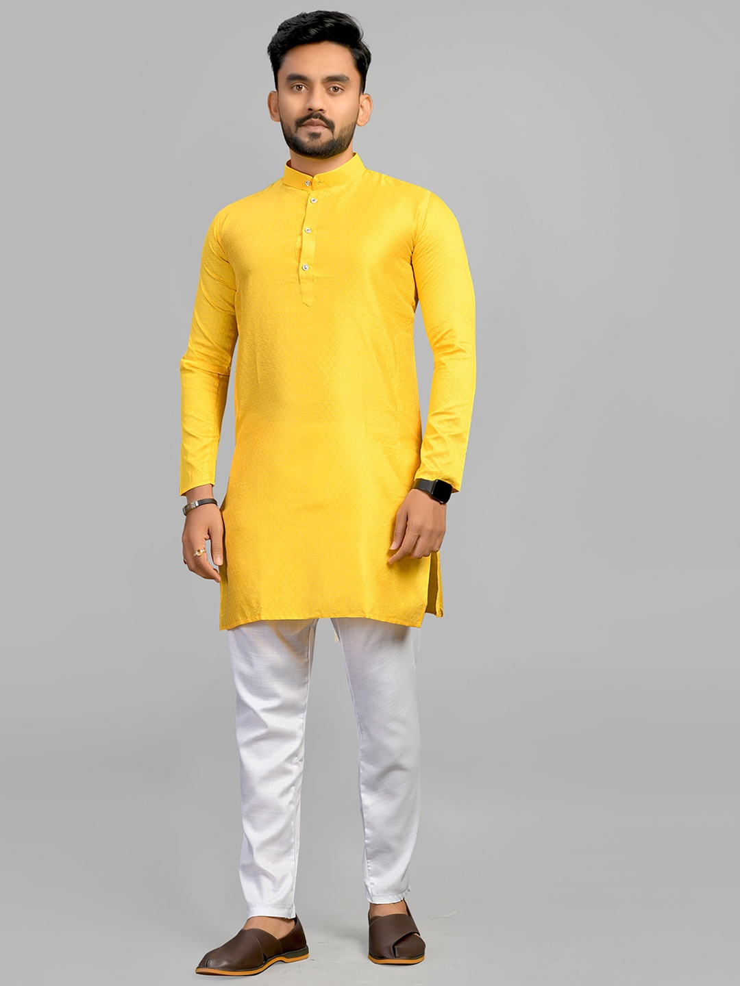 

Fashion FRICKS Men Checked Silk Long Sleeves Straight Kurta, Yellow