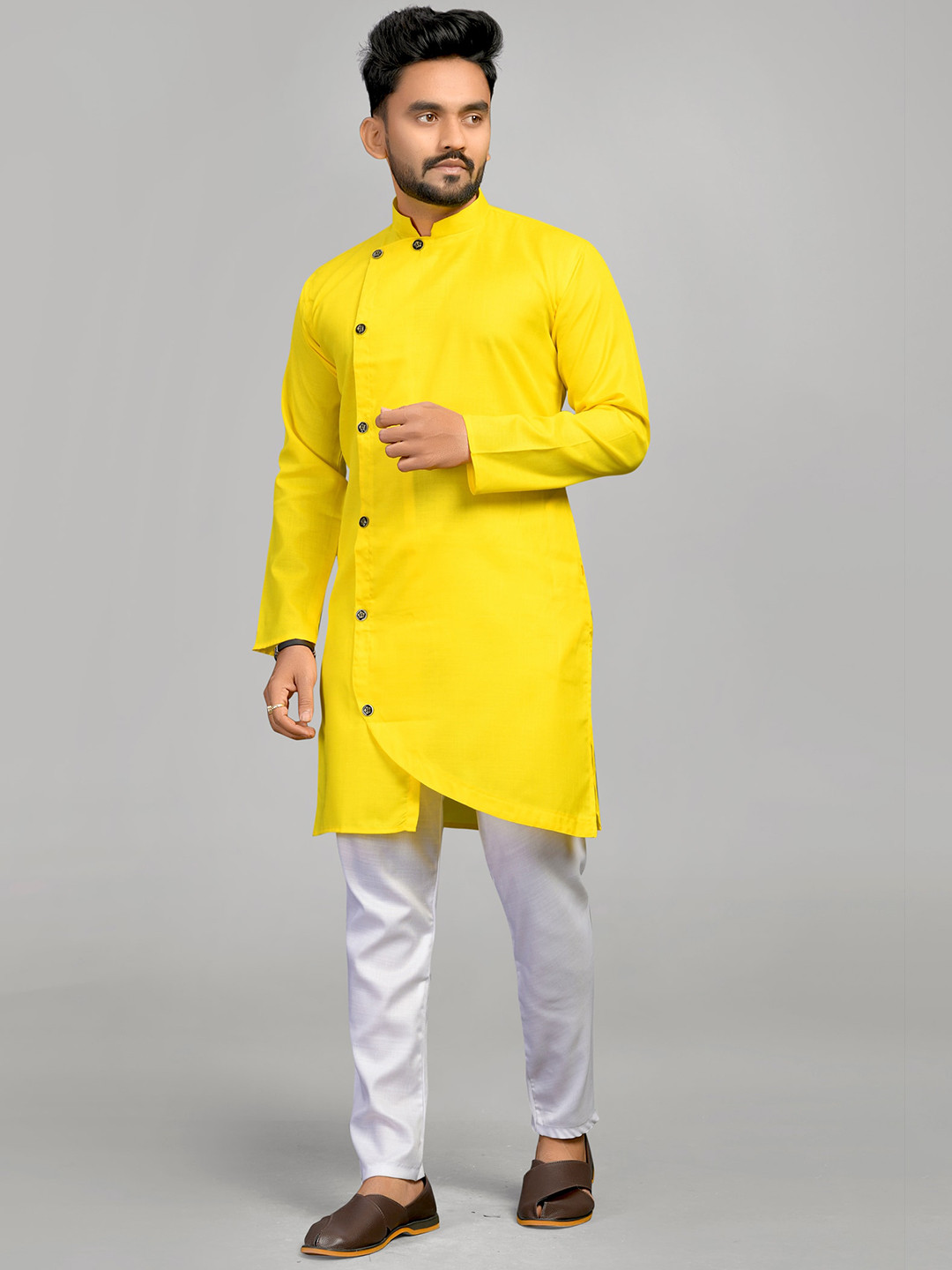 

Fashion FRICKS Men Cotton Long Sleeves Angrakha Kurta, Yellow