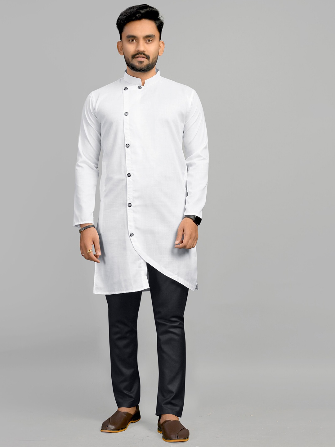 

Fashion FRICKS Men Cotton Long Sleeves Angrakha Kurta, White