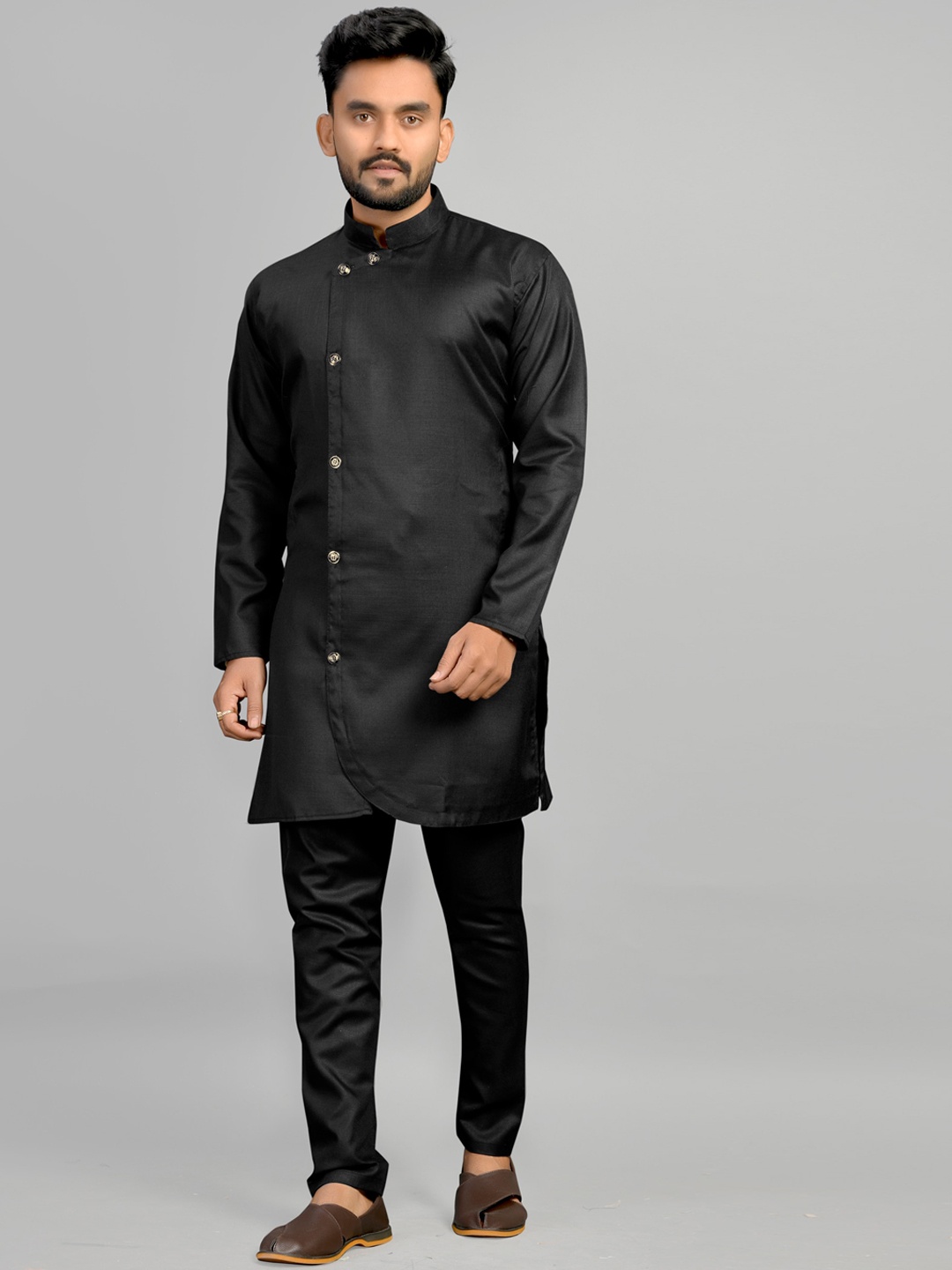 

Fashion FRICKS Men Cotton Long Sleeves Angrakha Kurta, Black