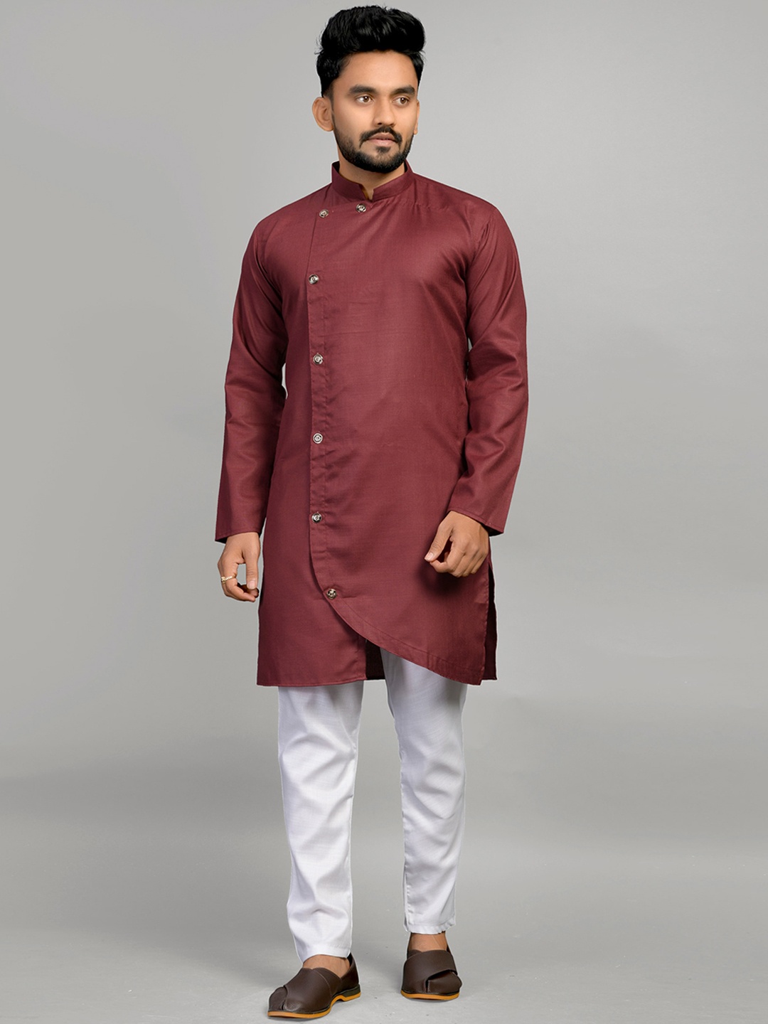 

Fashion FRICKS Men Cotton Long Sleeves Angrakha Kurta, Maroon