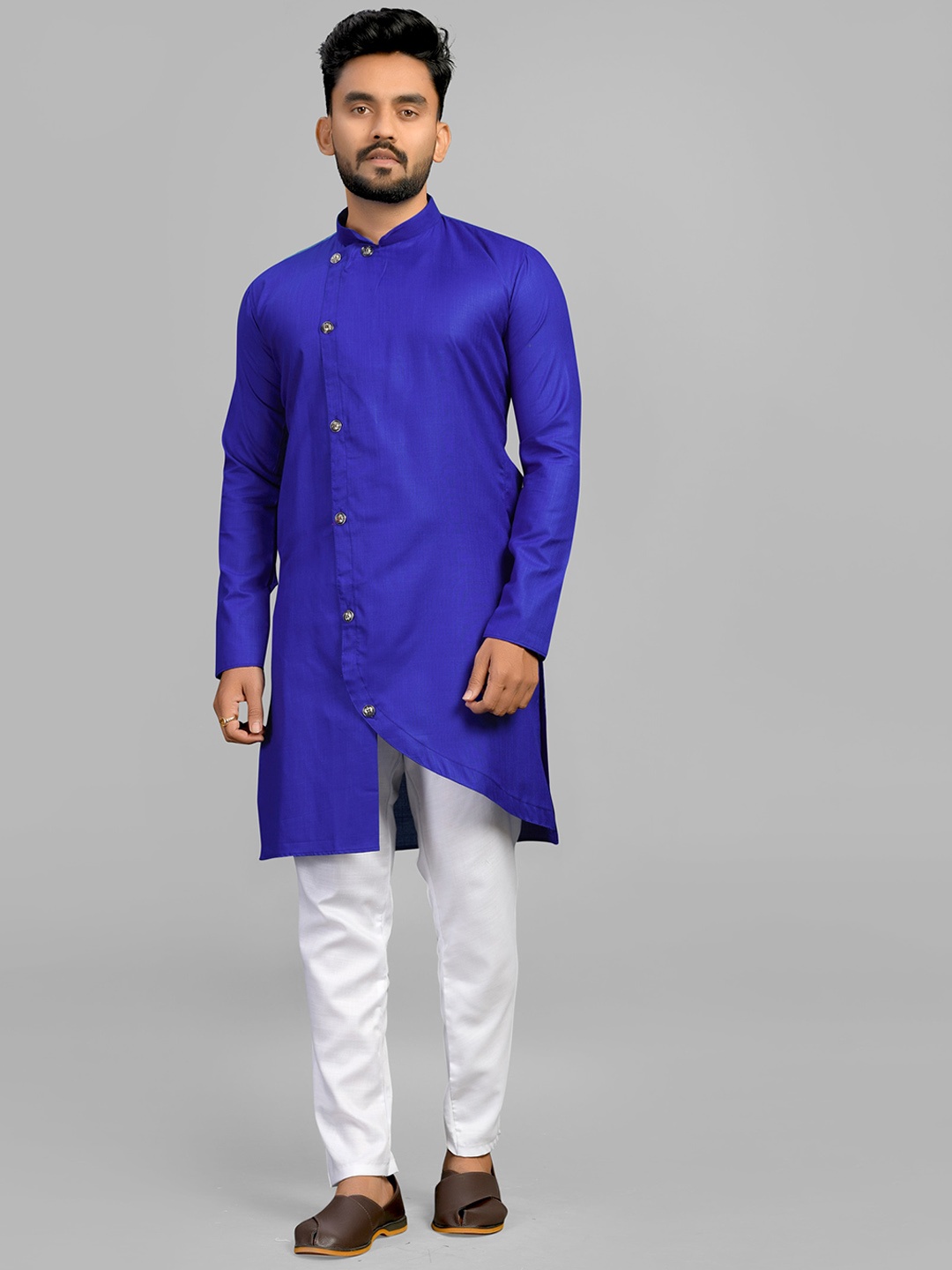 

Fashion FRICKS Men Cotton Long Sleeves Angrakha Kurta, Blue