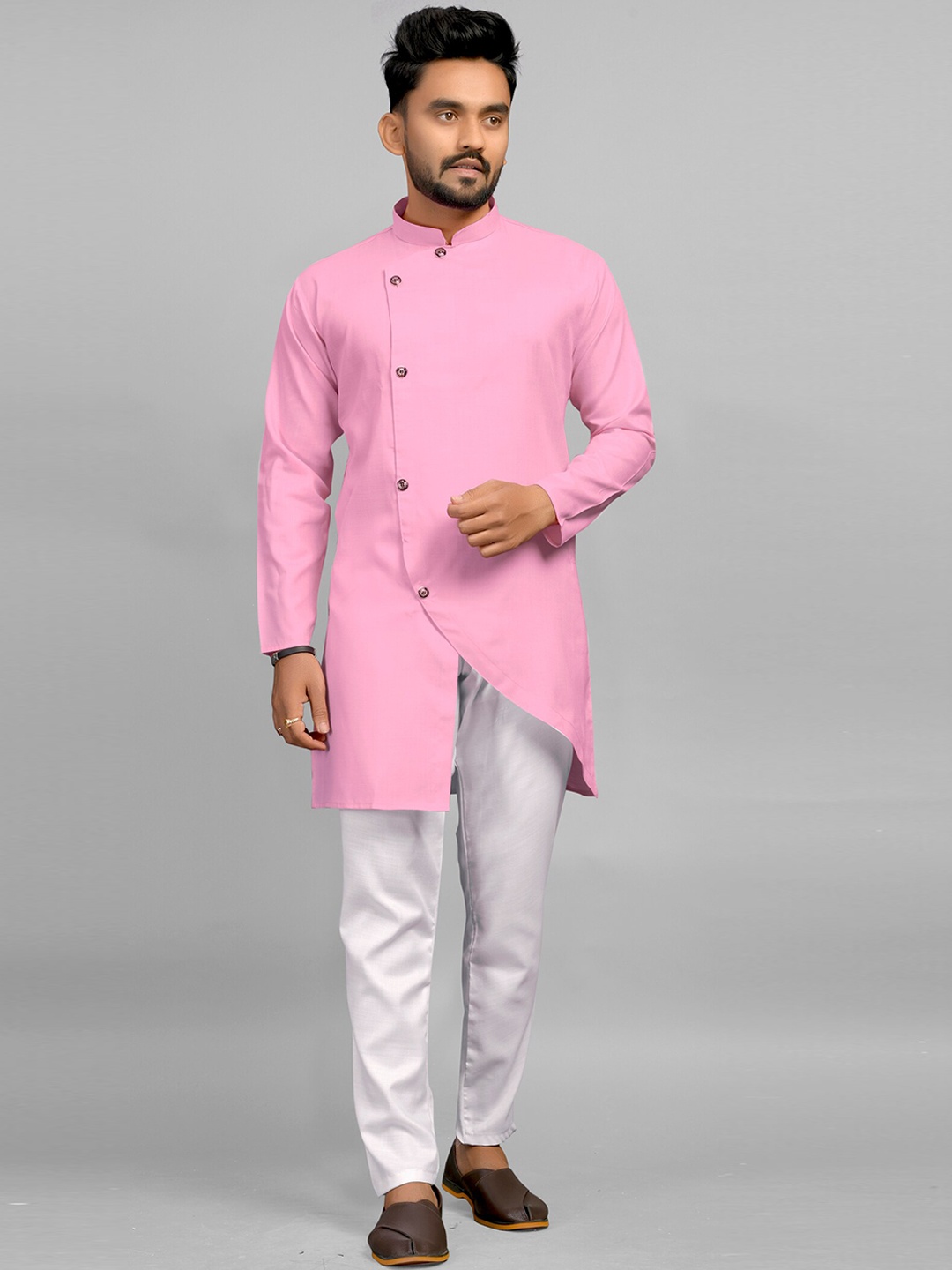 

Fashion FRICKS Men Cotton Long Sleeves Angrakha Kurta, Pink