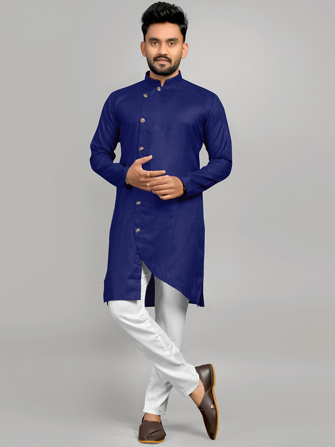 

Fashion FRICKS Men Side Button Cotton A-Line Kurta, Navy blue