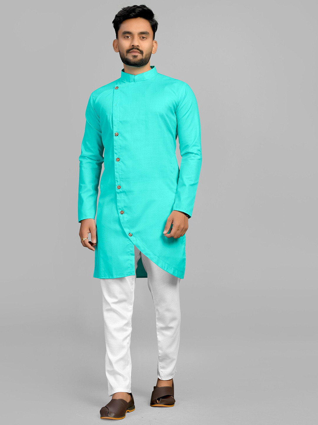 

Fashion FRICKS Men Side Button Cotton A-Line Kurta, Turquoise blue
