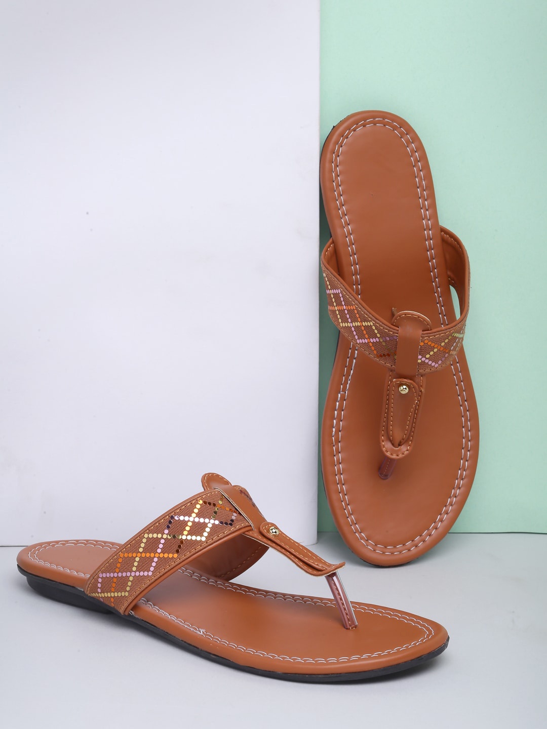 

sneakers villa Women Embellished T-Strap Flats, Brown