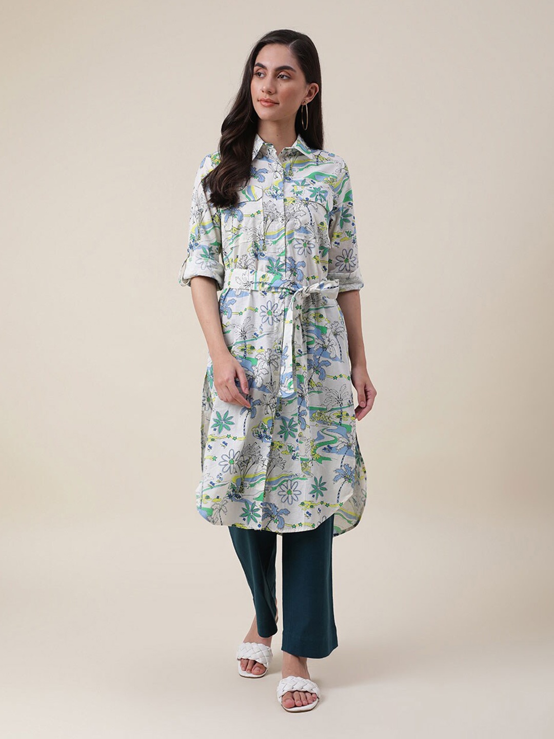 

Fabindia Shirt Collar Cotton Printed Tunic, Off white