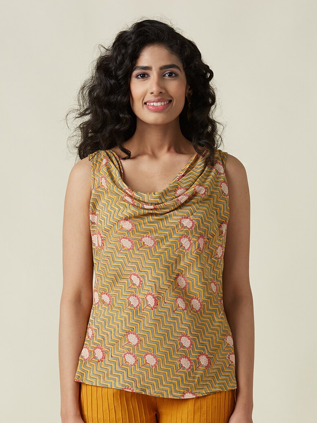 

Fabindia Floral Print Cowl Neck Top, Mustard