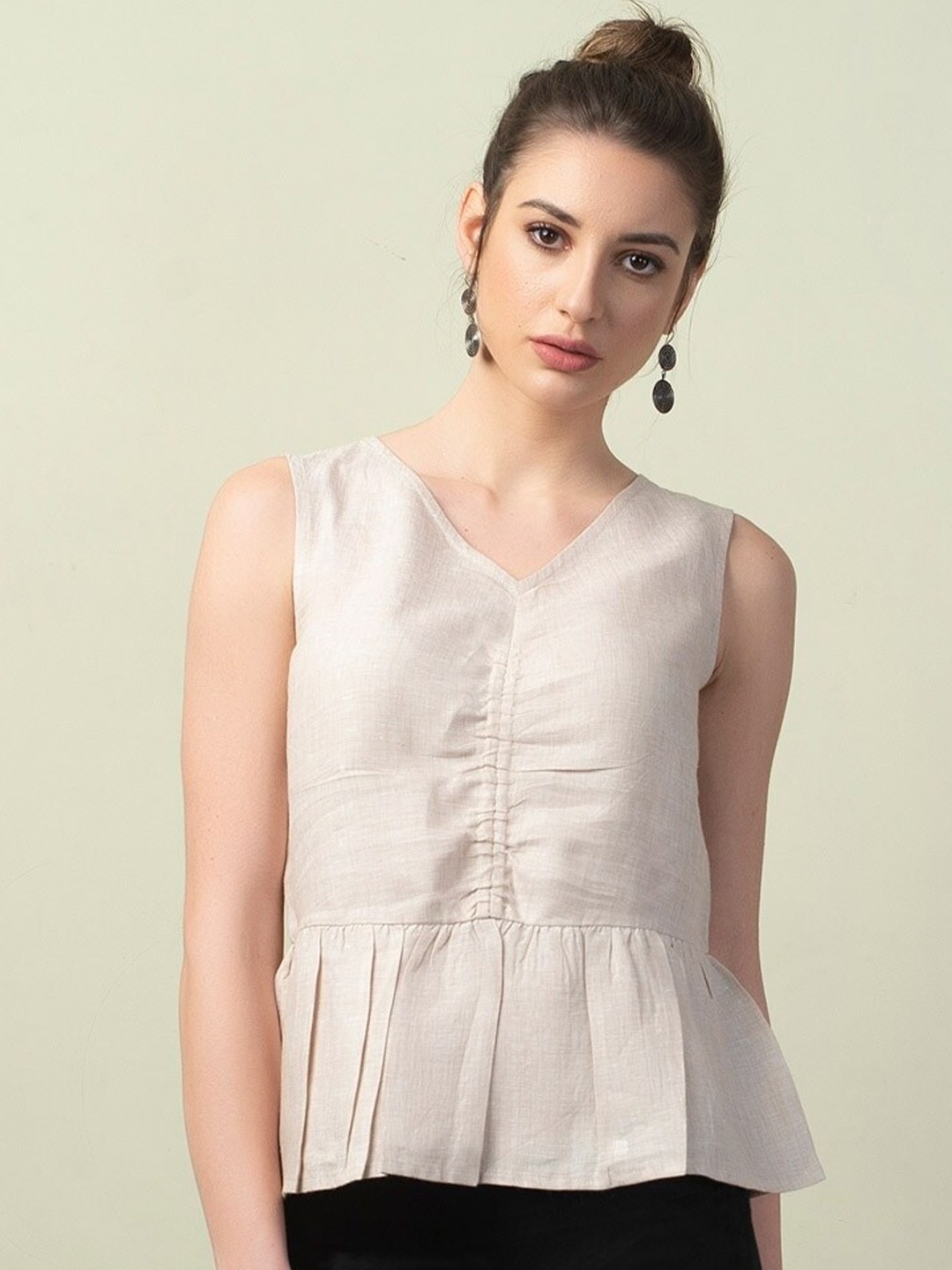 

Fabindia Monochrome Linen Peplum Top, Beige