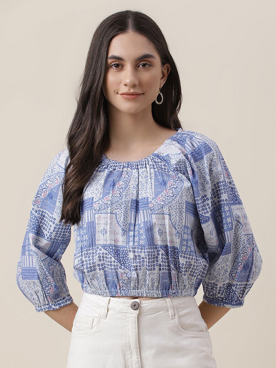 

Fabindia Geometric Print Pure Cotton Top, Blue