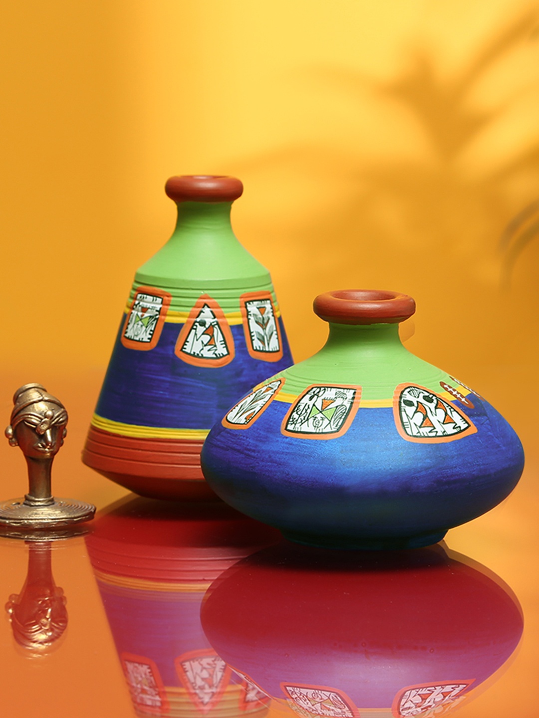 

ExclusiveLane Set Of 2 Mini-Frame Terracotta Pots With Warli Hand-Painting Showpieces, Blue