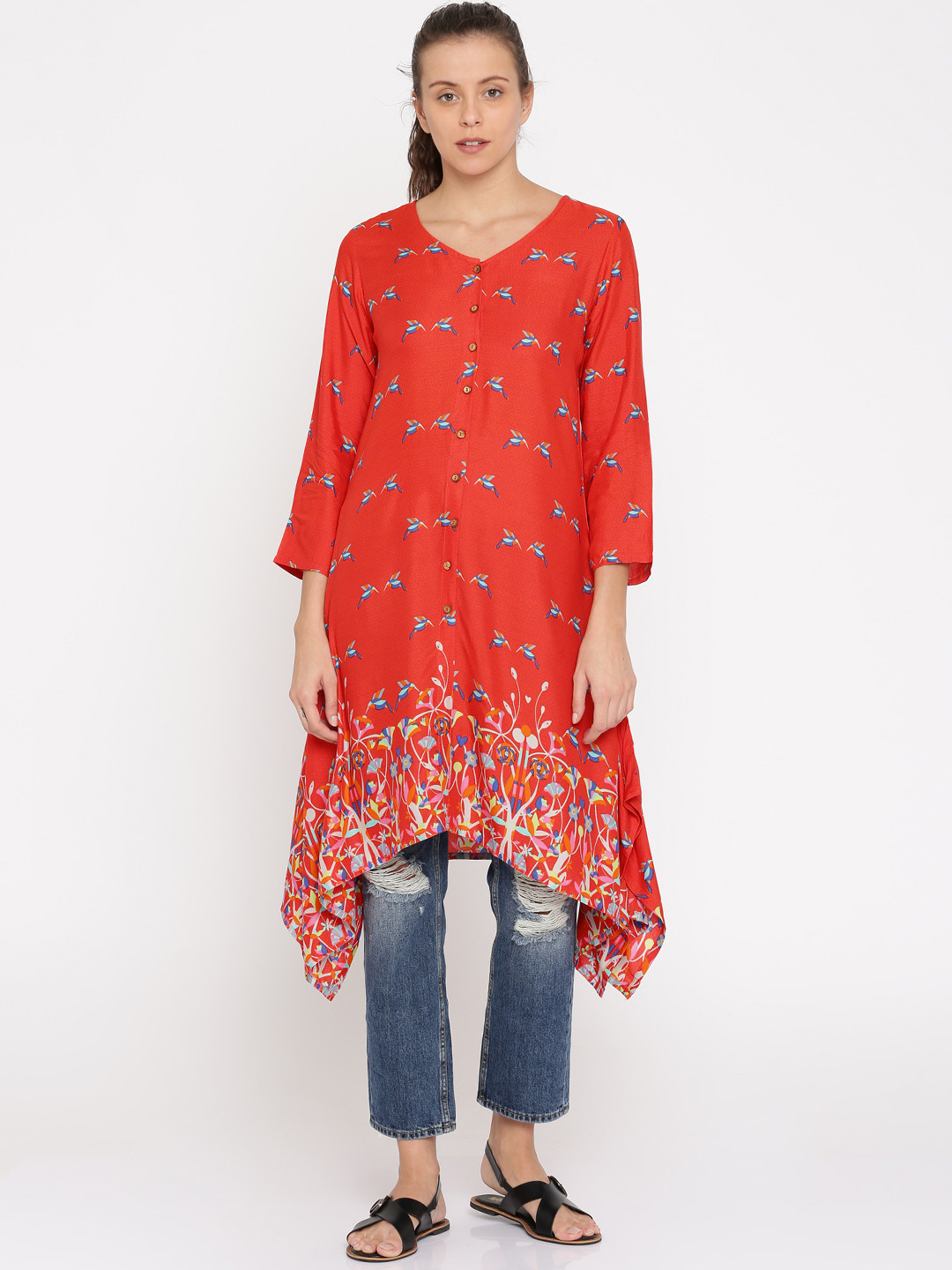

Global Desi Women Orange Printed A-Line Kurta