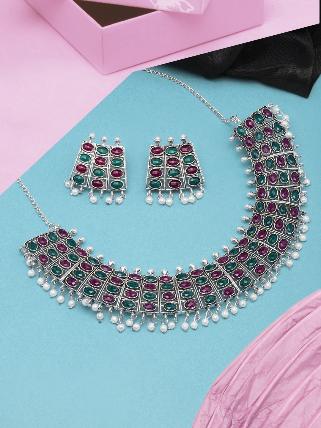 

DIVA WALK Silver-Plated Stones-Studded Jewellery Set