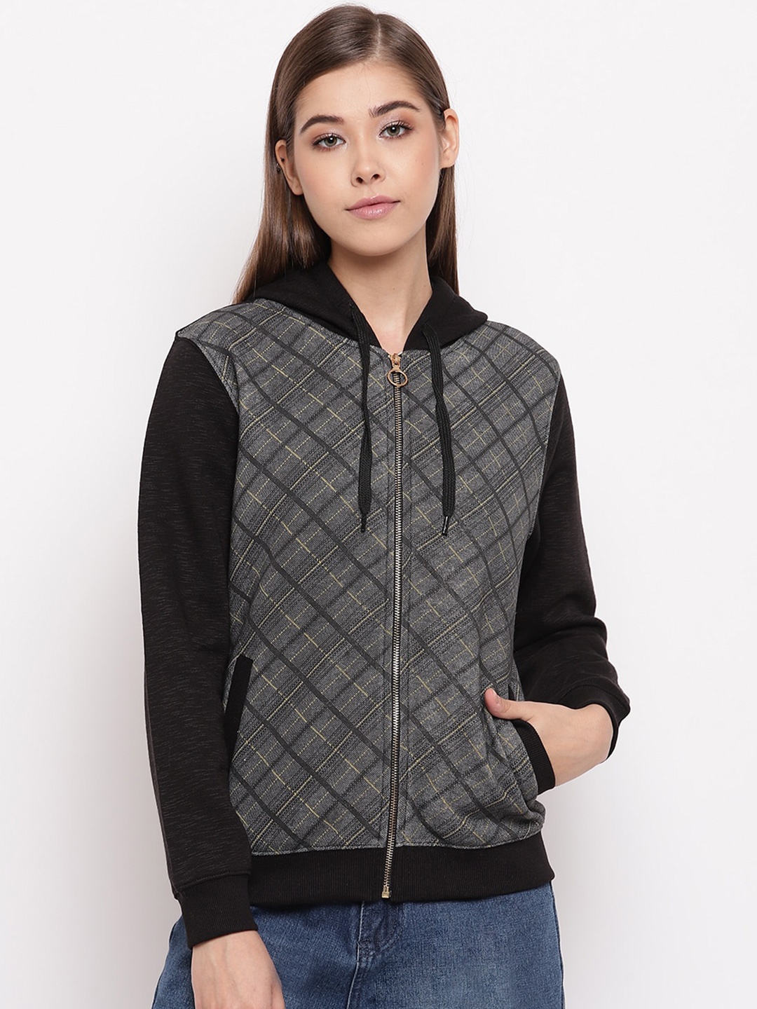 

Miss Grace Women Checked Hooded Cotton Sweatshirt, Black