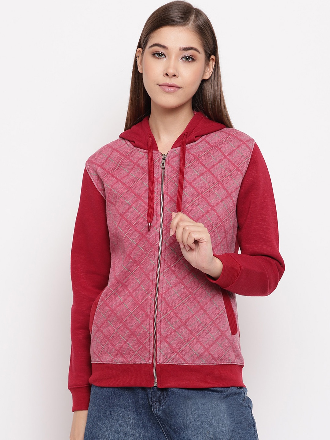 

Miss Grace Women Checked Hooded Cotton Sweatshirt, Maroon