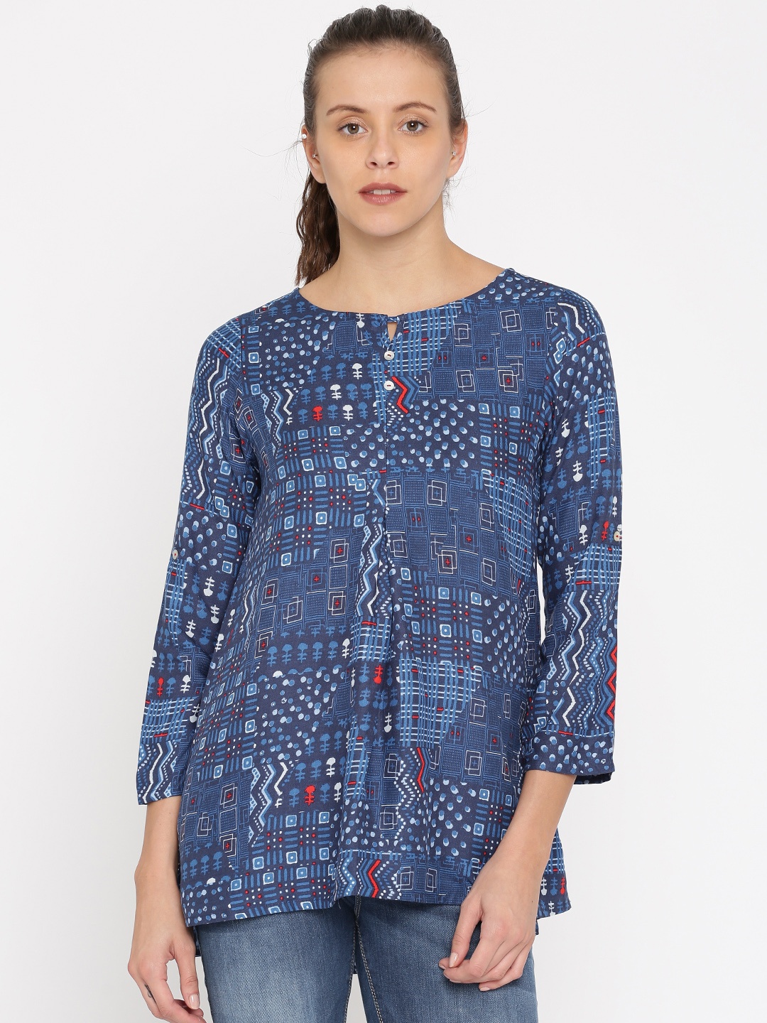 

Global Desi Women Blue Printed High-Low Top