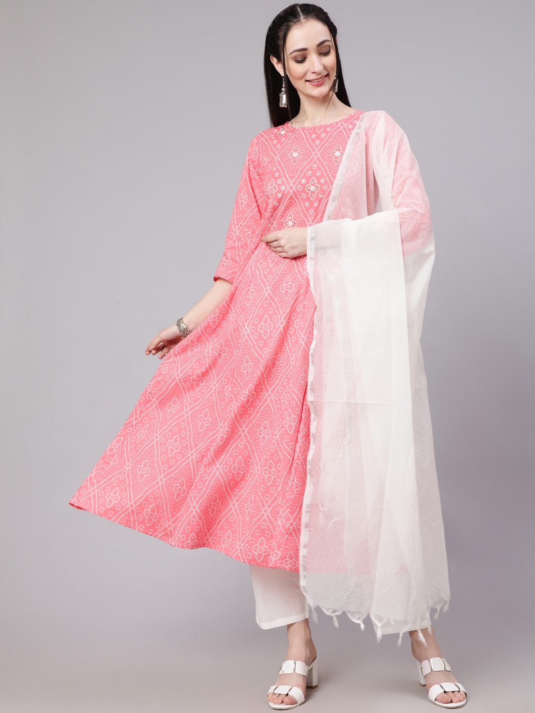 

THE NKS PLUS Women Bandhani Printed Mirror Work Pure Cotton Kurta with Trousers & Dupatta, Pink