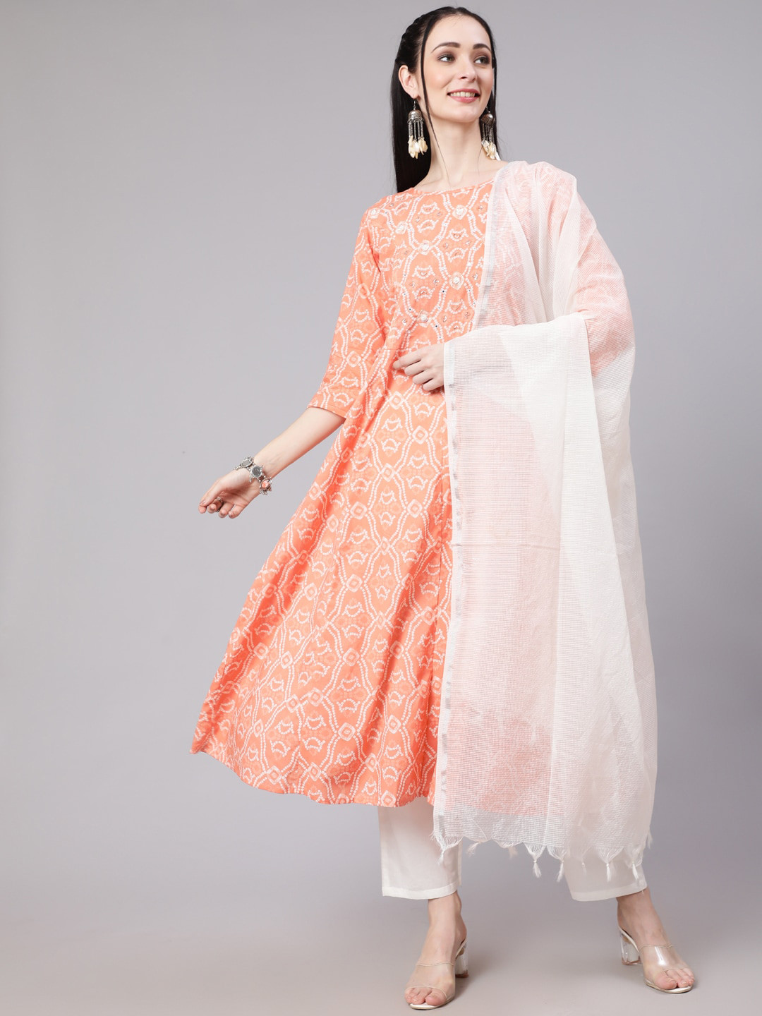

THE NKS PLUS Women Bandhani Printed Beads & Stones Pure Cotton Kurta with Pyjama & Dupatta, Orange