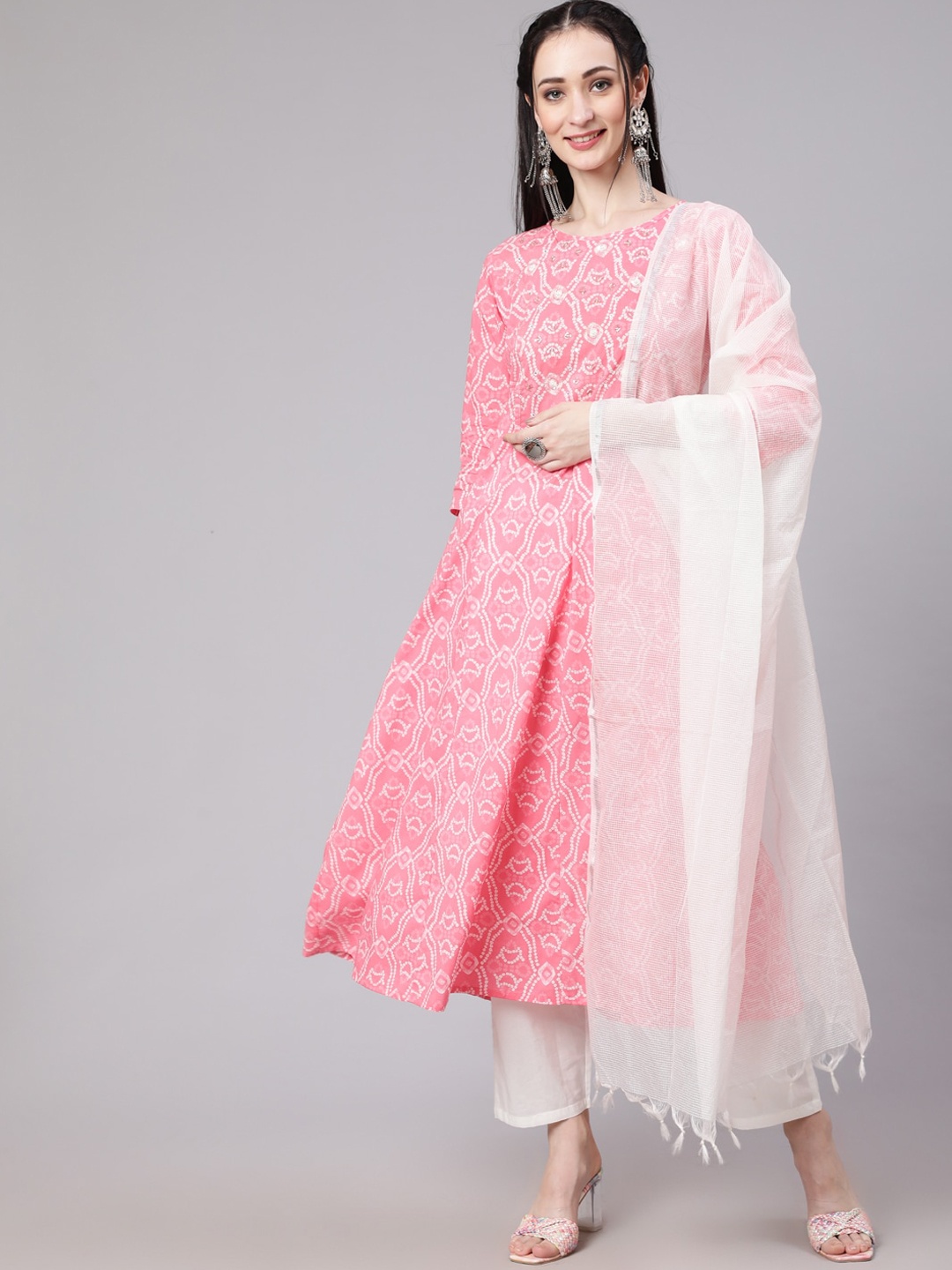 

THE NKS PLUS Women Bandhani Printed Beads & Stones Pure Cotton Kurta with Pyjama & Dupatta, Pink